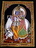 Krishna Mart India - Arazzo batik di cotone con paillette di Lord Krishna e Radha, divinità indiane, decorazione da parete, 101,6 x 76,2 cm multicolore