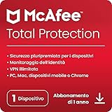 McAfee Total Protection 2024, 1 dispositivo Antivirus, VPN, gestore password, Internet Security e dispositivi mobili PC/Mac/iOS/Android Abbonamento di 1 anno Codice di attivazione via e-mail