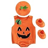 Hifot 3 Pezzi Vestito Zucca Neonato,Costume Zucca Bambino Pagliaccetto con Cappello e Scarpa Costumi Halloween Bambini Ragazze Ragazzi-3-6 mesi