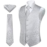 HISDERN Set di gilet e cravatta jacquard floreali classici da uomo in paisley floreale e tasca quadrata Grigio argento L
