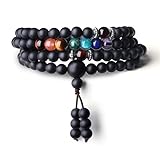 COAI Bracciale Collana 108 Perle Mala in Onice Opaca e Pietre Chakra, Bracciale Buddhista Unisex