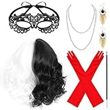 Costume Accessori Demon Donna,Parrucca Corta e Riccia Bianca e Nera,Mezzo Bianco Mezzo Nero Donna Parrucche,con Guanti Rossi,Collana, Costume Set di Accessori per Carnevale,Halloween,Cosplay