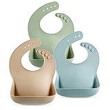 PandaEar 3 Pezzi Bavaglini in Silicone per Neonato e bambini piccoli (10-72 mesi), Impermeabili Bavaglino Pappa Svezzamento, Morbidi, Unisex, Non confusionari (marrone/blu/verde)