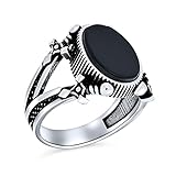 Gioielli Vintage Stile Motociclista Urbano Grande Dichiarazione Ovale Piatto Semi Gemma Preziosa Onice Nero Signet Anello Doppia Spada Per Gli Uoossidato .925 Sterling Silver Fatto A Mano In Turchia