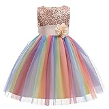 Ragazze Principessa Abito Paillettes Tulle Fiore Arcobaleno Colletto Rotondo Senza Maniche Abito Formale Festa di Compleanno Matrimonio Damigella d Onore Ragazza Abiti da Sera per 3-9 Anni Champagne