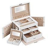 SONGMICS Scatola Portagioie a 3 livelli, Porta Gioielli con 2 Cassetti, con Mini Box Portatile da Viaggio, Maniglia, Chiudibile a Chiave, Idea Regalo, PU Bianco Nuvola, Fodera Beige Sabbia JBC121W