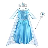 Vicloon Elsa Costume Ragazze Principessa, Elsa Vestito Set con Principessa Corona e Principessa Bacchetta, Cosplay Party Halloween Abito delle Ragazze di Natale Vestito Fantasia, 100CM