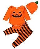 Wamvp 3pcs Infantile Halloween Completini, Neonato Unisex Tutina da Neonato per Halloween, Pagliaccetto, a Maniche Lunghe, Pantaloni, Cappelli, Costumi di Halloween