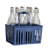 SET 6 PZ BOTTIGLIE VETRO 1 LITRO PER ACQUA VINO LIMONCELLO LIQUORE DRINK CON PORTABOTTIGLIE IN PLASTICA - BOTTIGLIE ACQUA IN VETRO 1 L CON CESTELLO PORTABOTTIGLIE PLASTICA BLU COBALTO