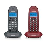 Motorola C1002 – Telefono Cordless Duo DECT - Funzione di Trasferimento Chiamate tra i terminali - Vivavoce - Rubria e registro chiamate - Telefoni grigi e viola