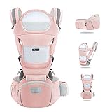 Marsupio Neonati Ergonomico, Porta Bambino con Sedile Multiposizione, con PoggiaTesta e Cappuccio, Puro Cotone Traspirante Leggero, Ideale Neonati da 0-36 Mesi(Inferiore a 25kg) Rosa