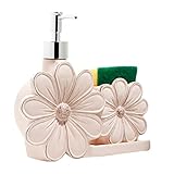 BARONI Dosatore Sapone Dispencer in Ceramica Rosa Antico a Forma di Fiore con Porta Spugna, Dispenser per Sapone Liquido e Spugna, 22X6X20 cm