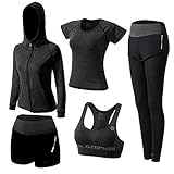 ZETIY Tute da Ginnastica Donna Set, 5 Pezzi Abbigliamento Sportivo Donna per Pilates Yoga Jogging Gym Workout Ginnastica Include Manica Lunga e Corta, Pantaloni, Reggiseno - Nero - XL