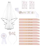 FAOKZE 16 Pezzi Gadget addio al nubilato con 10 fasce da sposa, 2 tatuaggi da sposa, 1 fascia, velo, distintivo, tiara, accessori da donna per addio al nubilato,kit addio al nubilato sposa e amiche