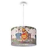 Paco Home Sospensione Cameretta Bambini Tessuto Rotonda Giungla Animali Maschio Femmina E27 Colorata