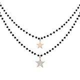 Xinyixin Collana con ciondolo cuore e stella per donna, collana con catena in cristallo nero in acciaio inossidabile placcato oro rosa/argento (Forma a stella, Oro rosa)