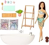 Barbie - Barbie Vasca da Bagno Relax Playset con bambola e cagnolino, giocattoli per bambini, castana, coriandoli di sapone colorati e accessori, giocattolo per bambini 3+ Anni, HKT93