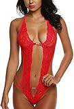 UMIPUBO Lingerie Donna Camicia da Notte Trasparente Intima da Notte Pizzo Aperto Lingerie Hollow Halter Babydoll (Rosso 2)