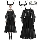 BIQIQI Halloween Costume Donna, Medievale Gotico Donna Vestito con Maniche a Tromba, 3 Pcs includere Fascia Corno di Demone Corna Diavolo Nero, Halloween Cosplay Carnevale Donna Costume