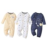 amropi Bambina Pagliaccetto 3 Pezzi Pigiama Ragazze Jumpsuit Manica Lunga Cotone Tutine Giallo/Bianco/Marina, 6-9 Mesi