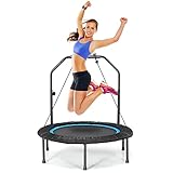 KOMFOTTEU Tappeto Elastico 2 in 1 Ø101 cm, Trampolino Elastico Fitness da Interno e Esterno con Manico Regolabile in Altezza e 2 Fasce di Resistenza, Mini Trampolino Pieghevole fino a 150 kg, Nero+Blu