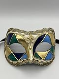 Maschera veneziana in bellissimi colori con decorazione dorata. Maschera Harlekin in cartapesta in oro, blu e verde. Maschera mascherata per uomini, ma anche per donna