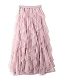 DianShaoA Donna Gonna Lunga di Tulle Elastico in Vita Stile Elegante Casual Irregolare Tulle Gonna Pieghe Pink