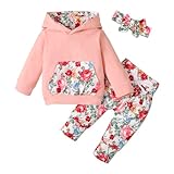 PATPAT Abiti Bimba Set Maglia con Cappuccio Manica Lunga e Pantaloni Stampati a Fiori con Fascia per Capelli, Abbigliamento Bimba 95% Cotone Rosa 6-9 mesi