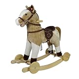 Cavallo a Dondolo per Bambini 36-72 Mesi Cavalcabile in Legno e Peluche con Rotelle Suoni e Movimenti Realistici 74x30x62 cm (Beige)