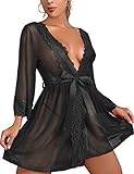 Tuopuda Camicie da Notte Intimo Donna Sexy Lingerie Babydoll in Pizzo Trasparente Pigiama Kimono Vestaglia Lace Biancheria Intima da Notte con G-String Cintura Accappatoio Abito da Notte, Nero, M