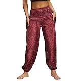 Nuofengkudu Donna Harem Hippie Pantaloni con Tasche Boho Print Vita Alta Larghi Leggeri Indiani Yoga Pants Estivi Spiaggia (Vino Rosso,Taglia Unica)