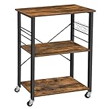 VASAGLE Carrello da Cucina con Rotelle, Carrello di Servizio con 3 Ripiani, Scaffale per Microonde, Forno, Tostapane, Struttura Metallica con 6 Ganci, Marrone Vintage e Nero KKS60XV1