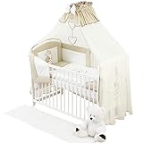 Bello24 - Biancheria da letto per bambini, set completo da 10 pezzi, in 100% cotone, ricamata con orsacchiotto e cuore, con zanzariera in fantastici colori (beige scuro, 60 x 120 cm)