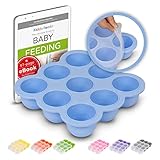 Kiddo Feedo Vassoio Contenitore Multiporzione con Coperchio in Silicone, Per Conservare Facilmente la Pappa per Bambini Fatta in Casa! - eBook della Dietologa/Autrice Gratis - Blu