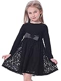 BONNY BILLY Vestito Bambina Elegante Casual Cotone Pizzo Invernale Manica Lunga con Fiocco 4-5 Anni Nero