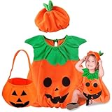 VOPIWOZ Costume Halloween Bambino Zucca con Sacchetto Caramelle e Cappello costumi halloween bambina per Bambini Dai 3 ai 10 Anni (S)