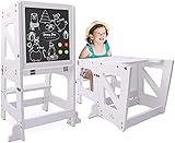 YOLEO Torre di apprendimento Transformer, Torre Montessori per bambini e neonati, pieghevole Learning Tower con lavagna bianca e nera magnetica, bianco - legno (White)