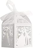 HJRUIUA 50pz Scatoline per Bomboniere Caramelle, portaconfetti Matrimonio, Scatola Regalo per Confetti con Nastri Bianco