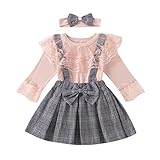 Set di vestiti per neonati per neonate in pizzo Top a maniche lunghe in pizzo + Gonna con bretelle scozzese + Completi per fascia, Rosa, 100, 2-3 anni