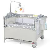 RELAX4LIFE 4 in 1 Lettino con Materasso per Bambini, Culla Neonato con Fasciatoio e Cingia Fissagio, Carillon e 3 Giocattoli Appesi, Adatto a Bambini da 0 a 36 Mesi (Grigio Chiaro)