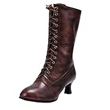 Ladies Lace Up Stivali al Polpaccio Lunghezza Stivali Donna in Pelle Louis Tacco Caviglia Stivaletti Punk Womens Stivali da Combattimento Steampunk Gotico Vintage, Marrone (Marrone), 39.5 EU