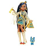 Monster High - Cleo de Nile, bambola snodata alla moda, dai capelli con ciocche blu e oro, con accessori e cagnolino, Giocattolo per Bambini 4+ Anni, HHK54