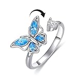 Anello Fidget con farfalla e zirconia cubica blu, per donne e ragazze, ansia, ruotano liberamente ispirazioni, gioielli calmanti preoccupazioni, meditazione, regolabile, per fidanzata e compleanno