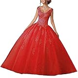 Vantexi Abito da donna con scollo a V Quinceanera con pizzo abiti da sera lunghi abiti da sposa eleganti, Colore: rosso, 42