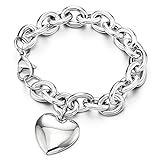 COOLSTEELANDBEYOND Rolo Catena Charm Bracciale Soffio Cuore, Donna, Braccialetto di Fascino, Acciaio Inossidabile, Link Lucido