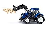 siku 1544, Trattore Giocattolo per Bambini New Holland con Forca per Pallet, Incl.1 pallet, Metallo e Plastica, Blu, Caricatore frontale mobile