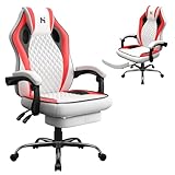 EVOANT Sedia Gaming Ergonomica, Sedia Gamer con Poggiapiedi, Poltrona Gaming con Schienale Regolabile, Sedia Ufficio Girevole ad Altezza Regolabile, Bianco e Rosso