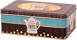 Scatola rettangolare in latta con scritta in inglese "It is always coffee time" e caffettiera, stile vintage, ideale per biscotti, colore oro, verde acqua e marrone