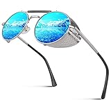CGID E92 Polarizzate Occhiali da Sole da Uomo Donne Retro Stile Steampunk Rotondi in Metallo Argento Blu Specchiato