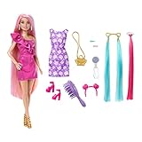 Barbie - Barbie Super Chioma, bambola con capelli biondi lunghissimi color arcobaleno, abito mono-colore a pois, 10 accessori moda e capelli, giocattolo per bambini 3+ Anni, HKT96